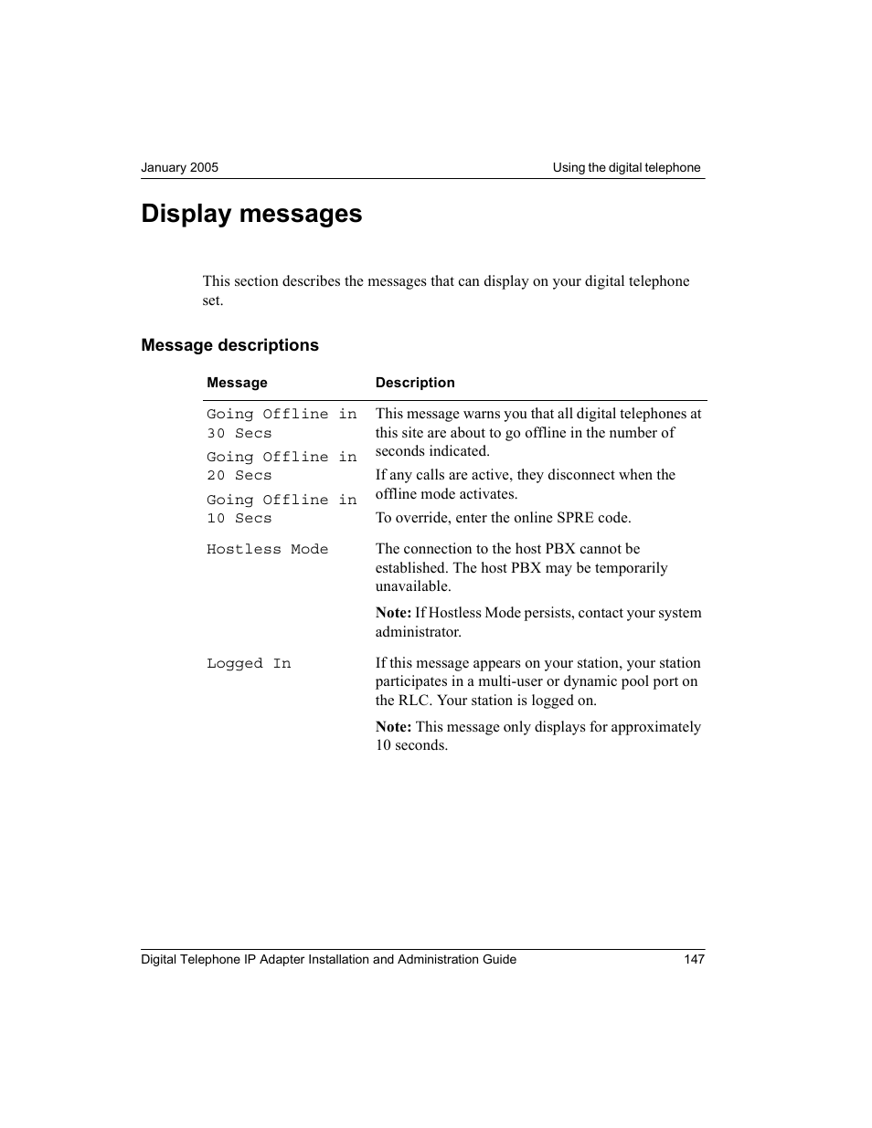 Display messages, Message descriptions | Nortel Networks M3310 User Manual | Page 147 / 264