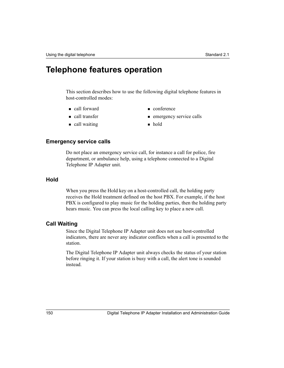 Telephone features operation, Emergency service calls, Hold | Call waiting, Emergency service calls hold call waiting | Nortel Networks M3310 User Manual | Page 150 / 264