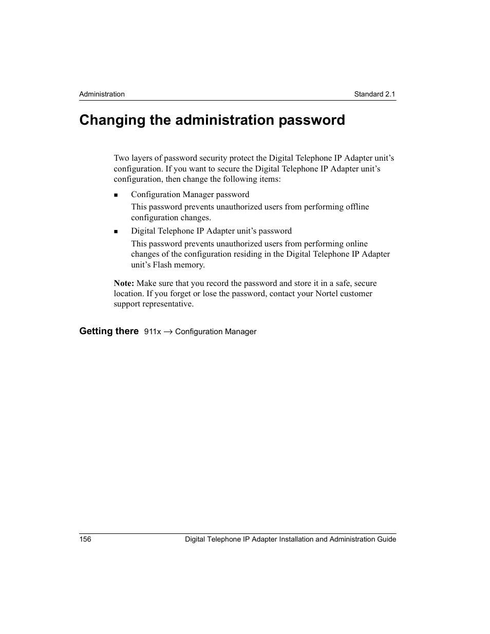 Changing the administration password | Nortel Networks M3310 User Manual | Page 156 / 264