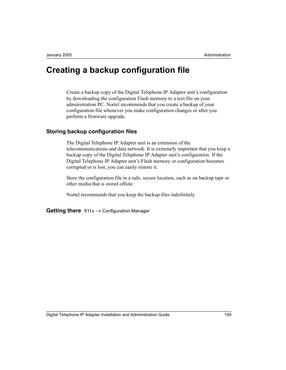 Creating a backup configuration file, Storing backup configuration files | Nortel Networks M3310 User Manual | Page 159 / 264