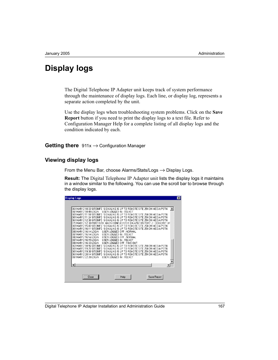 Display logs, Viewing display logs | Nortel Networks M3310 User Manual | Page 167 / 264