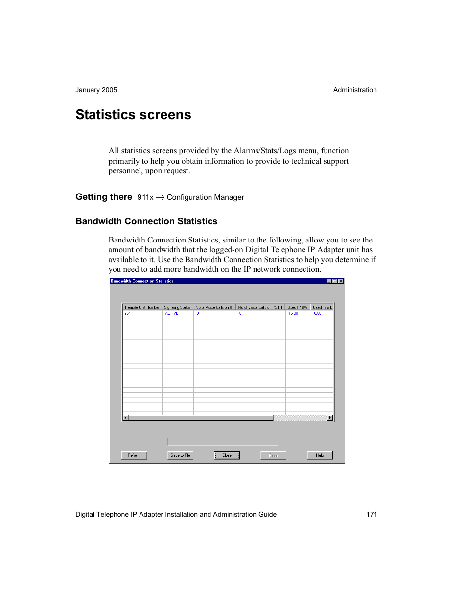 Statistics screens, Bandwidth connection statistics | Nortel Networks M3310 User Manual | Page 171 / 264