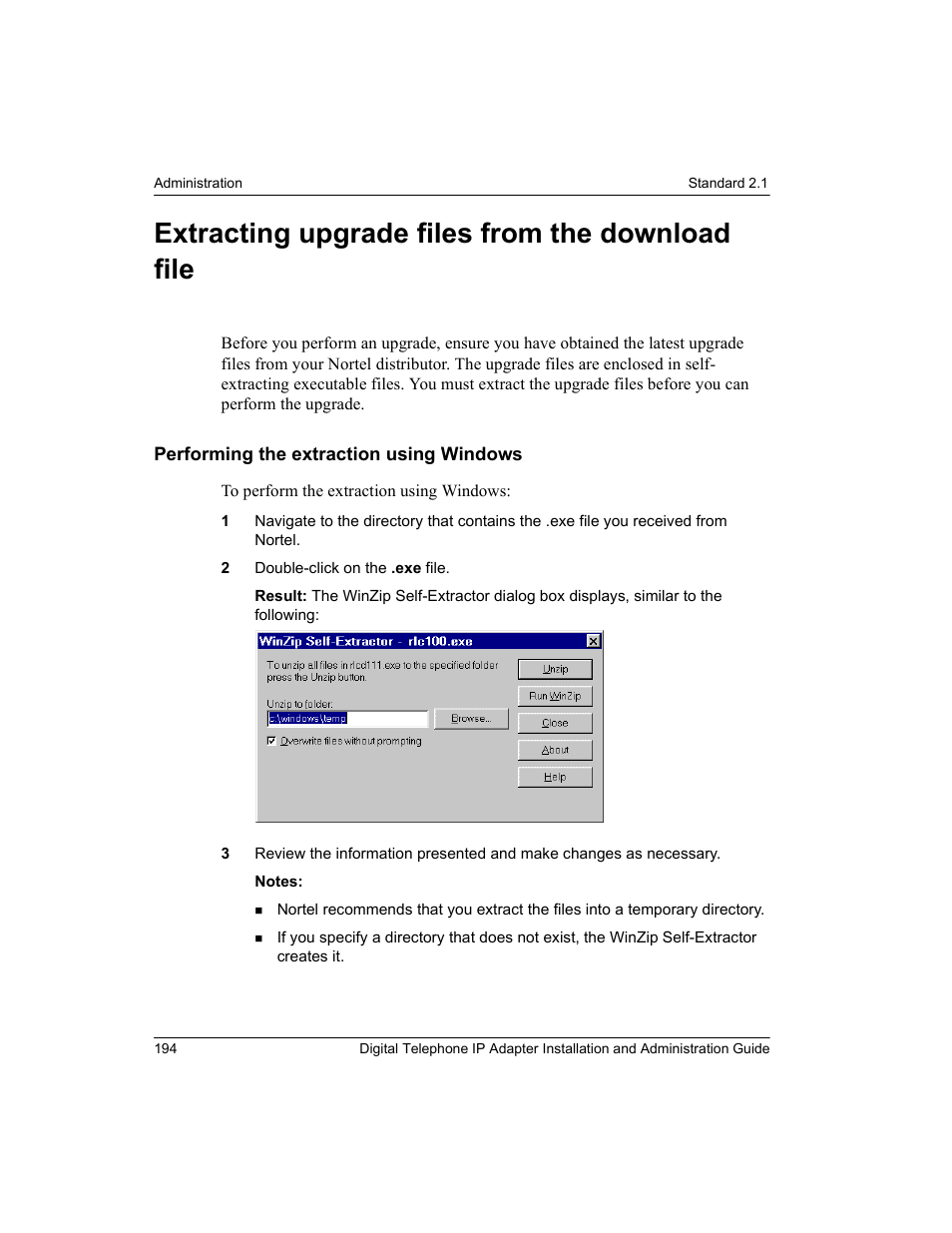 Extracting upgrade files from the download file, Performing the extraction using windows | Nortel Networks M3310 User Manual | Page 194 / 264