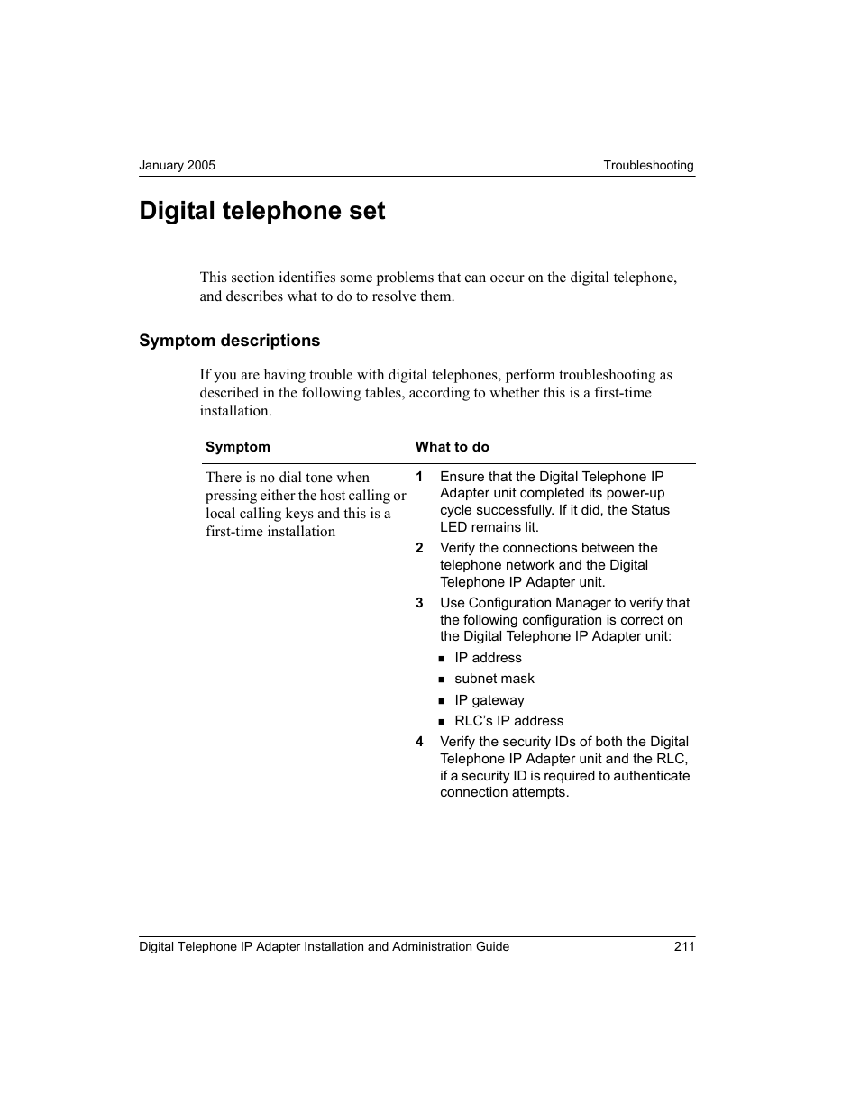 Digital telephone set, Symptom descriptions | Nortel Networks M3310 User Manual | Page 211 / 264