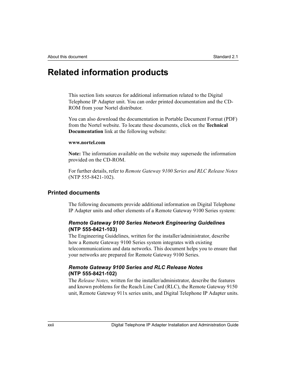 Related information products, Printed documents, Xxii | Nortel Networks M3310 User Manual | Page 22 / 264