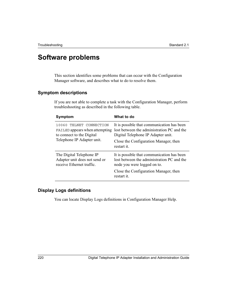 Software problems, Symptom descriptions, Display logs definitions | Symptom descriptions display logs definitions | Nortel Networks M3310 User Manual | Page 220 / 264