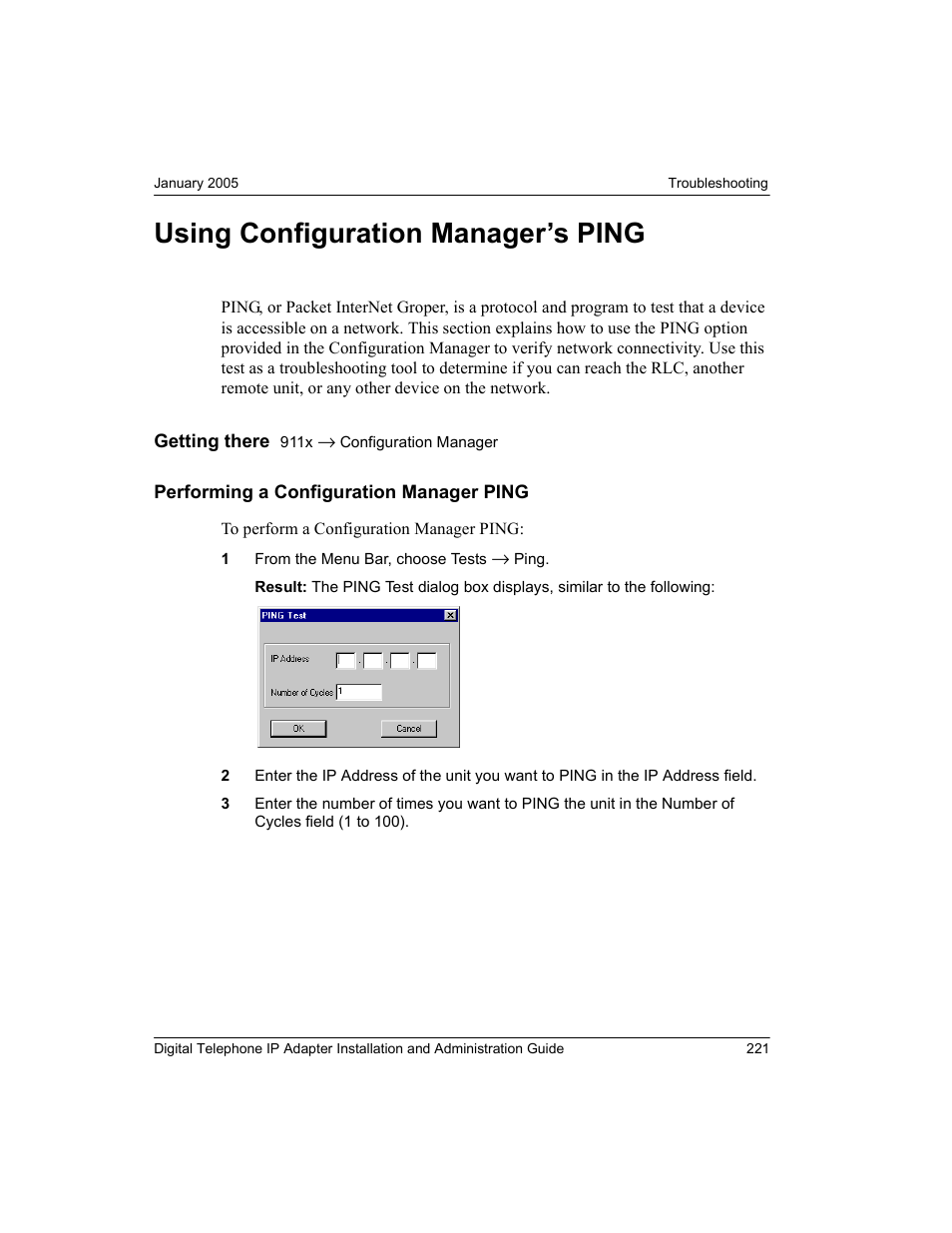 Using configuration manager’s ping, Performing a configuration manager ping | Nortel Networks M3310 User Manual | Page 221 / 264