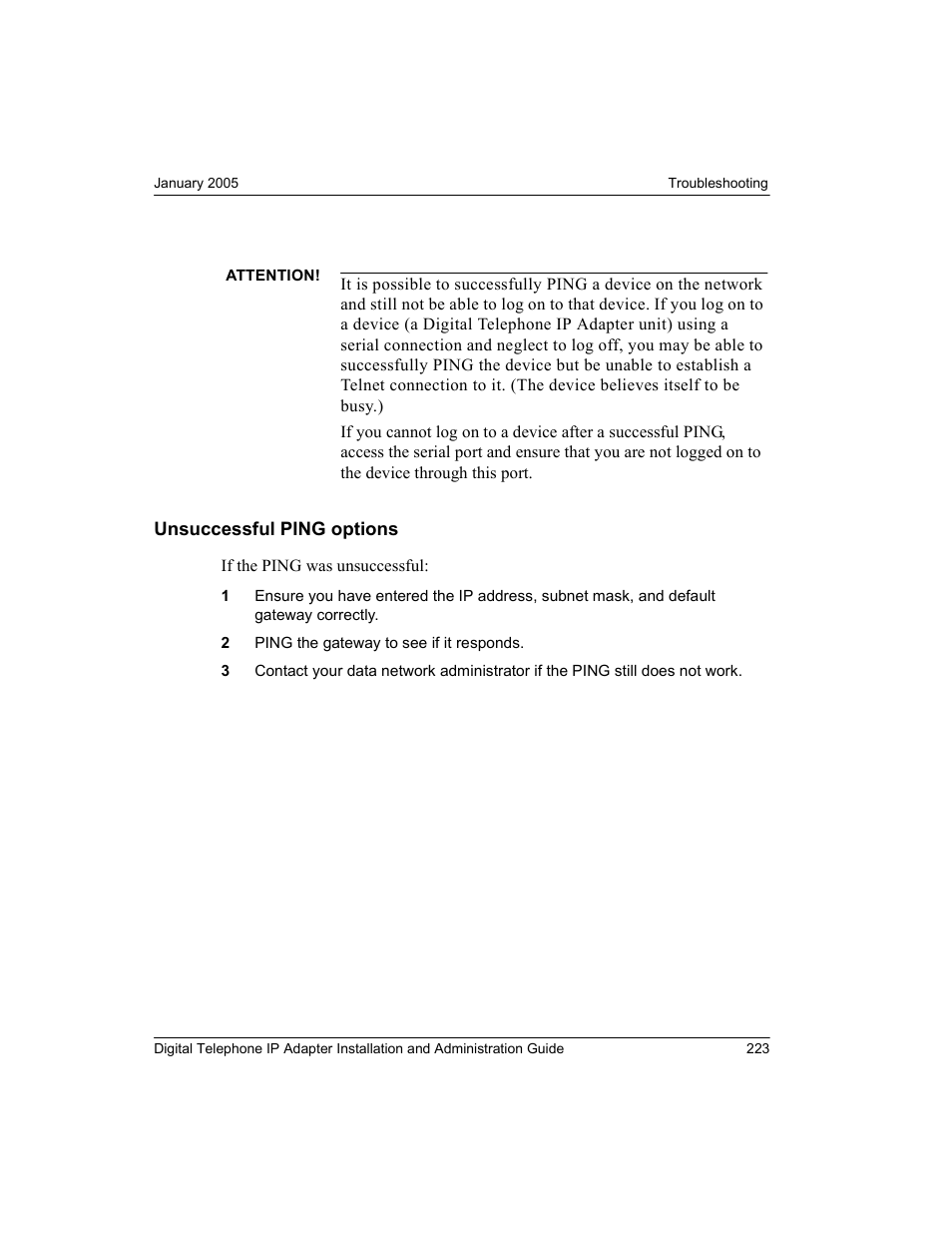 Unsuccessful ping options | Nortel Networks M3310 User Manual | Page 223 / 264