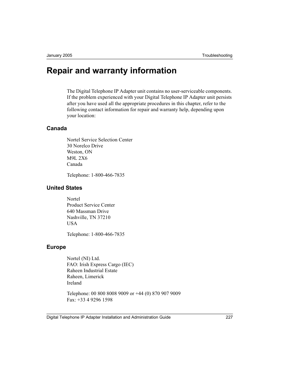 Repair and warranty information, Canada, United states | Europe, Canada united states europe | Nortel Networks M3310 User Manual | Page 227 / 264