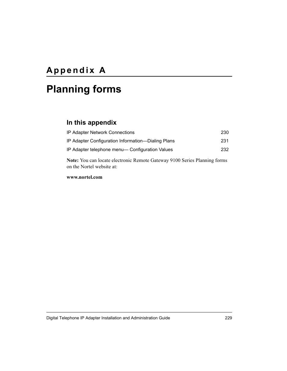 Planning forms | Nortel Networks M3310 User Manual | Page 229 / 264