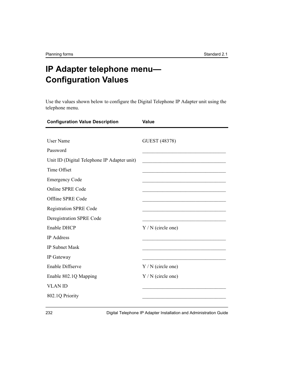Ip adapter telephone menu— configuration values | Nortel Networks M3310 User Manual | Page 232 / 264