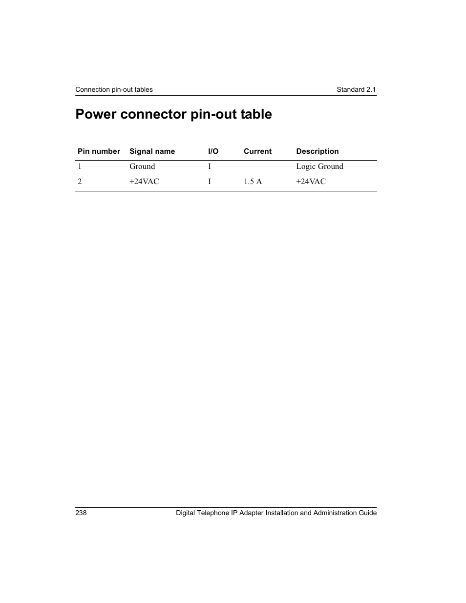 Power connector pin-out table | Nortel Networks M3310 User Manual | Page 238 / 264