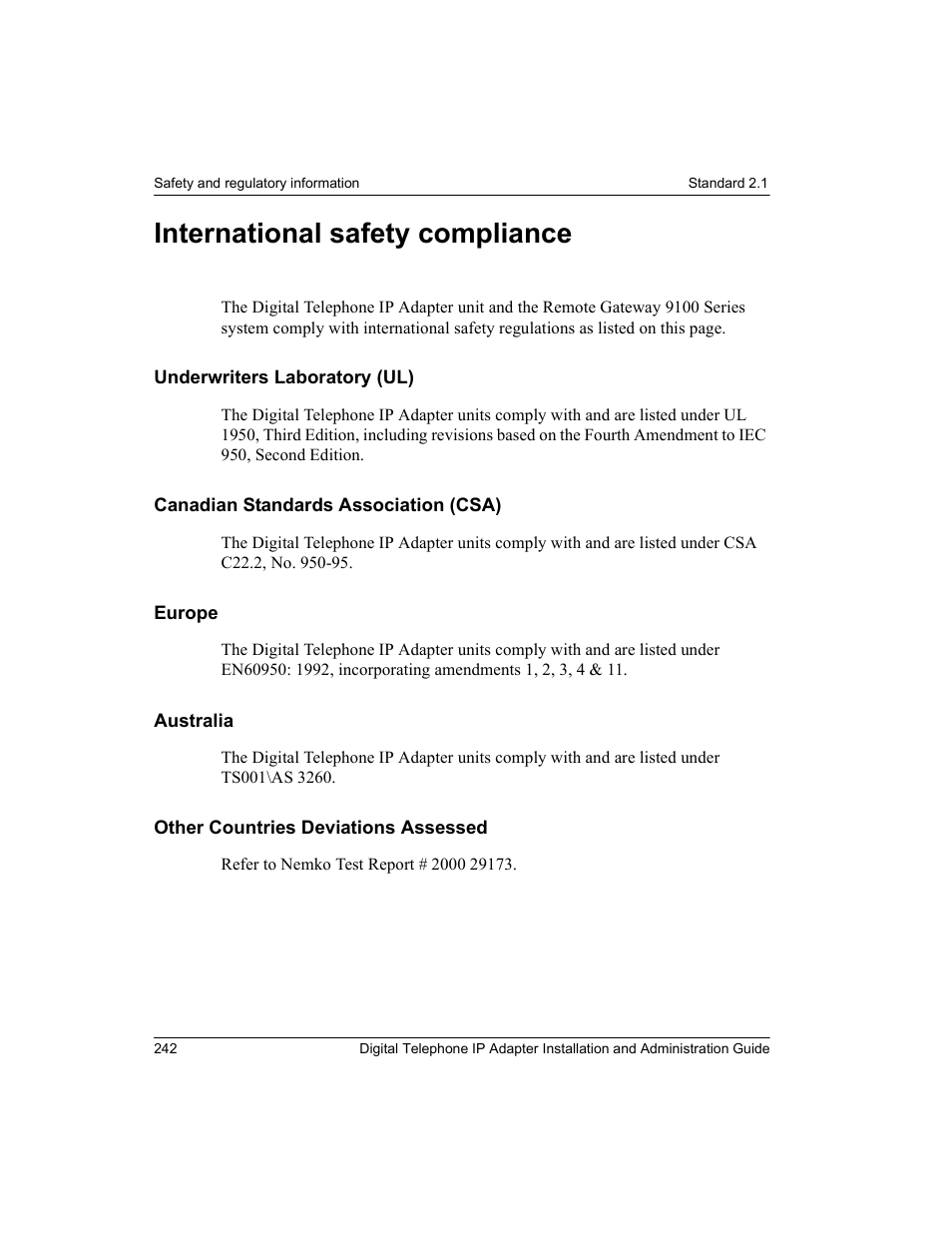 International safety compliance, Underwriters laboratory (ul), Canadian standards association (csa) | Europe, Australia, Other countries deviations assessed | Nortel Networks M3310 User Manual | Page 242 / 264