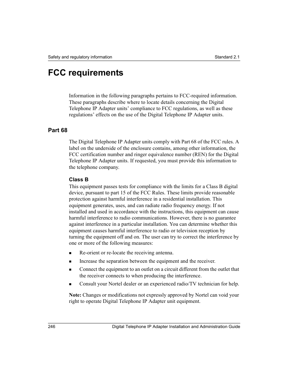 Fcc requirements, Part 68 | Nortel Networks M3310 User Manual | Page 246 / 264