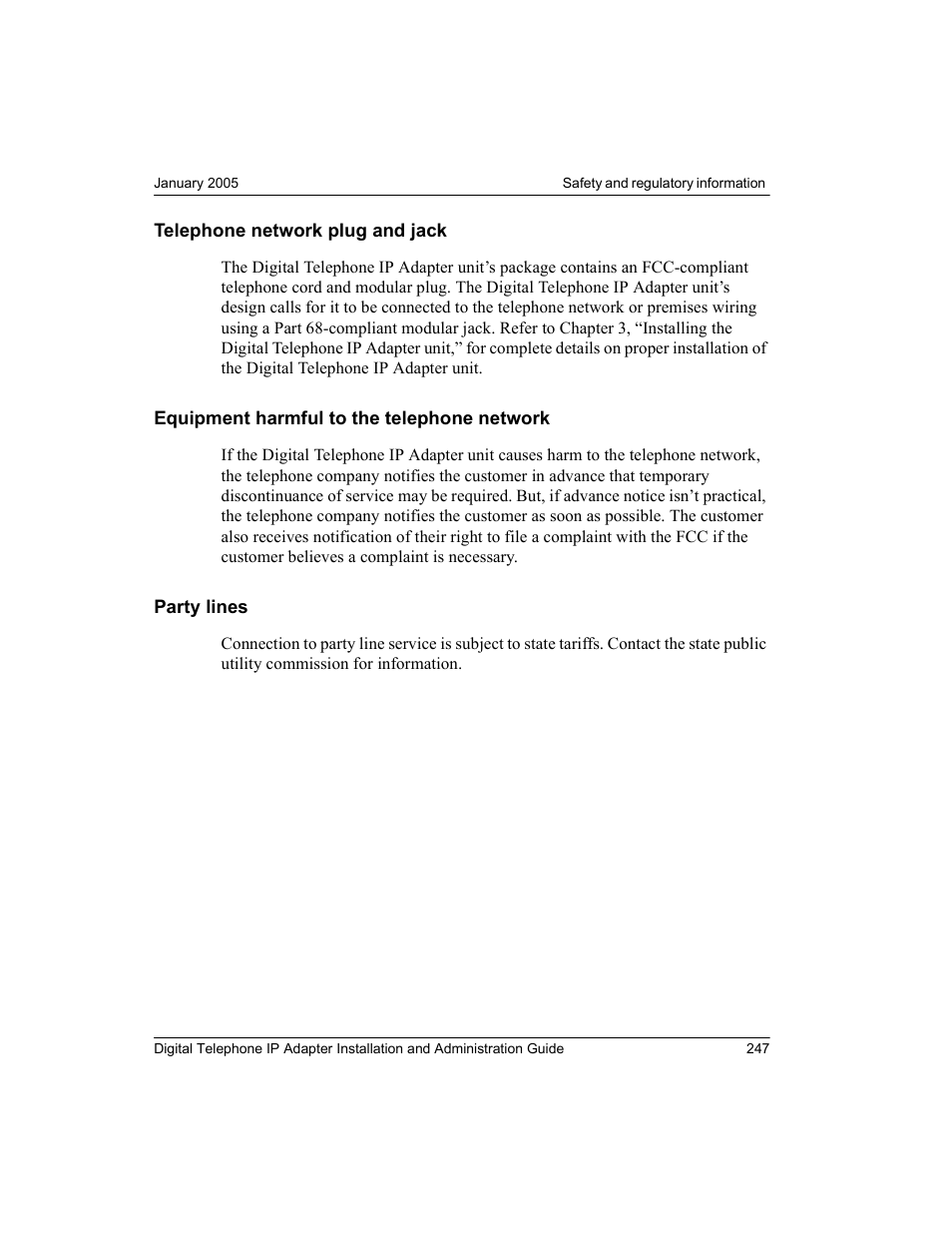 Telephone network plug and jack, Equipment harmful to the telephone network, Party lines | Nortel Networks M3310 User Manual | Page 247 / 264