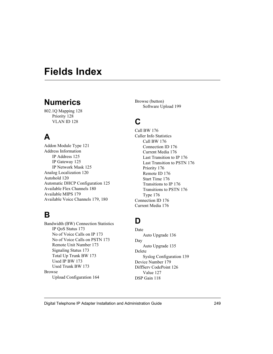 Fields index, Numerics | Nortel Networks M3310 User Manual | Page 249 / 264