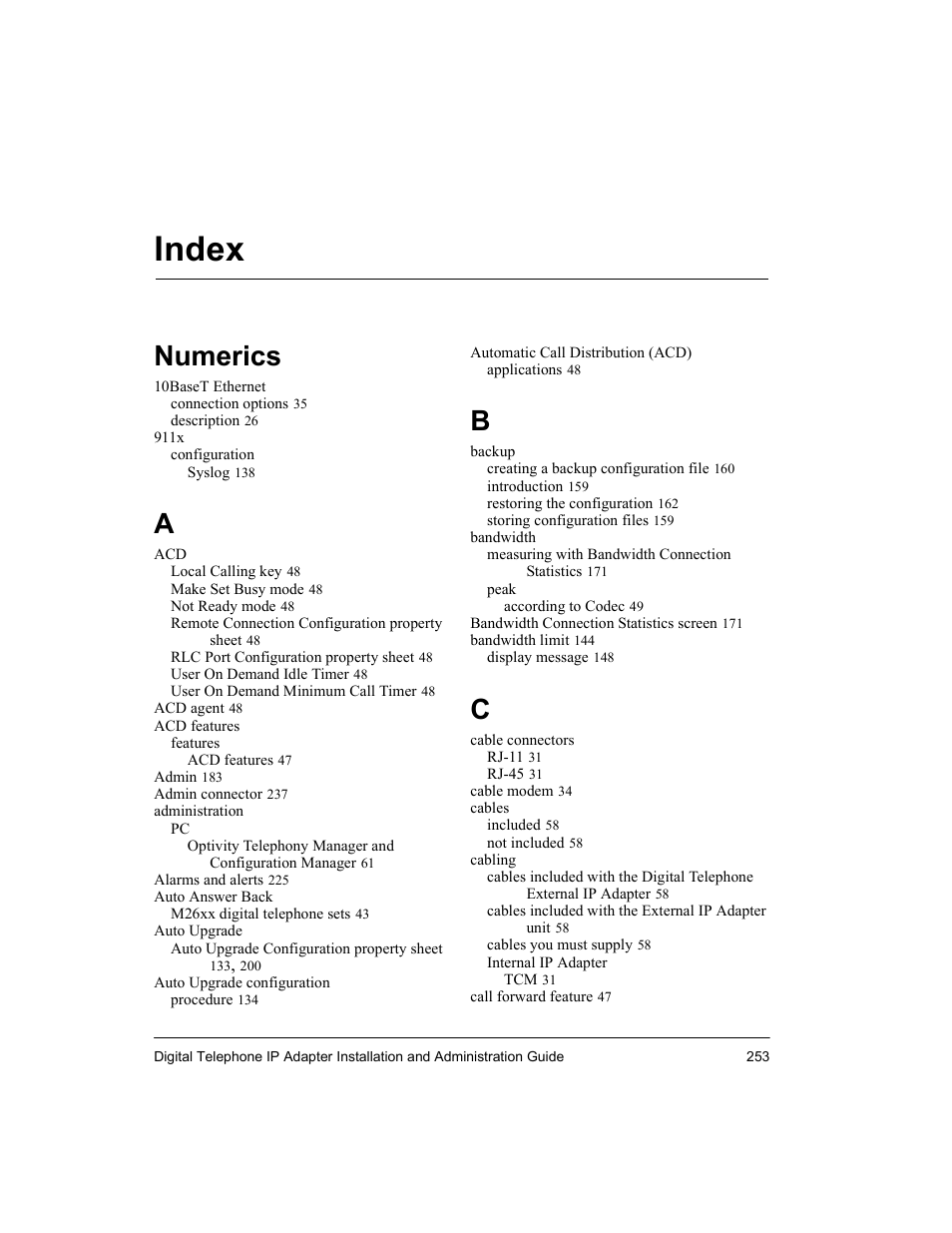 Index, Numerics | Nortel Networks M3310 User Manual | Page 253 / 264