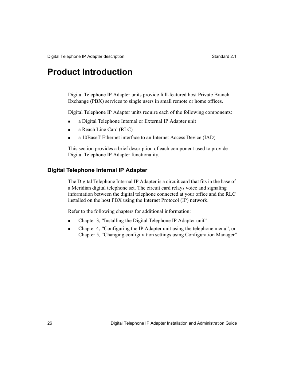 Product introduction, Digital telephone internal ip adapter | Nortel Networks M3310 User Manual | Page 26 / 264