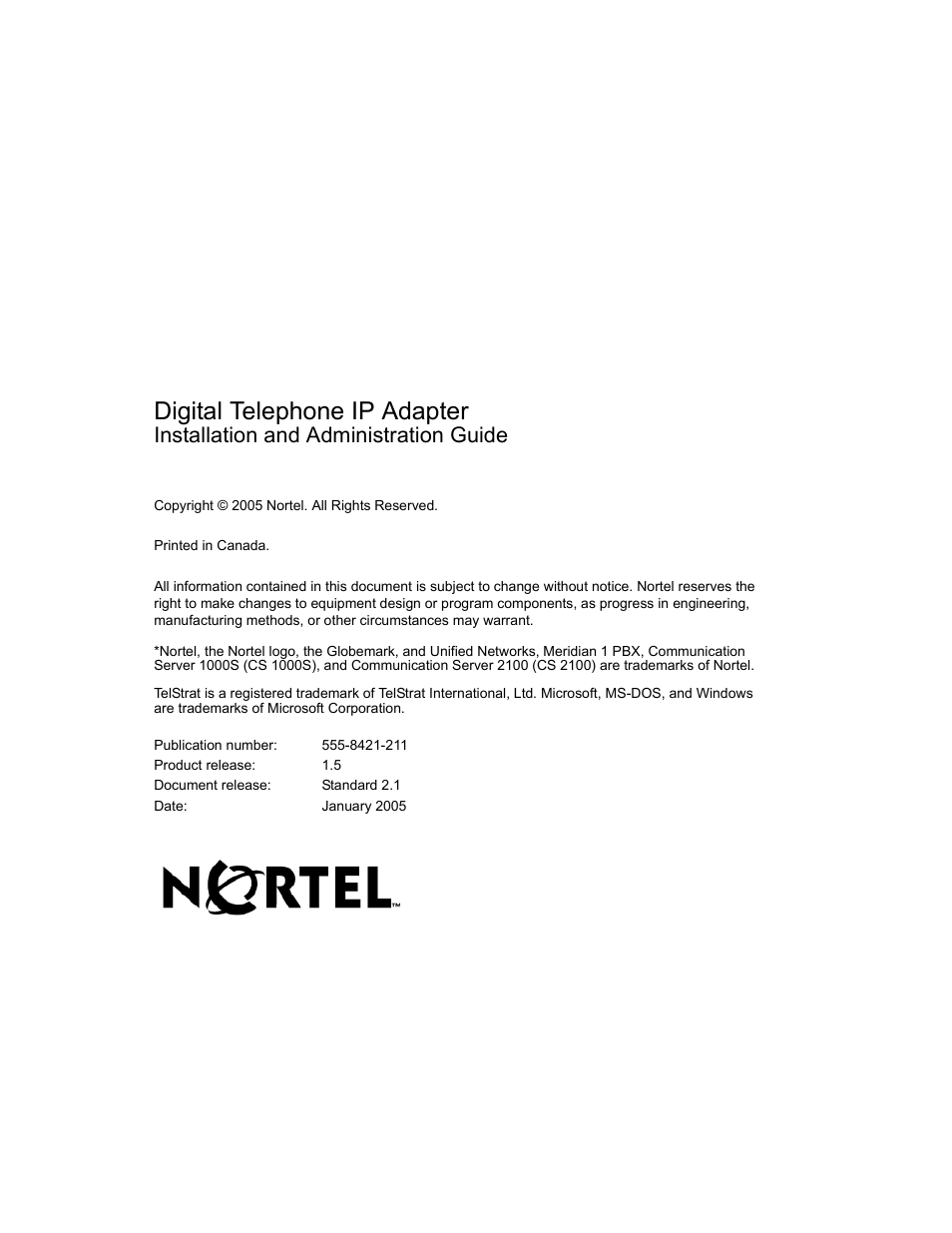 Digital telephone ip adapter, Installation and administration guide | Nortel Networks M3310 User Manual | Page 264 / 264