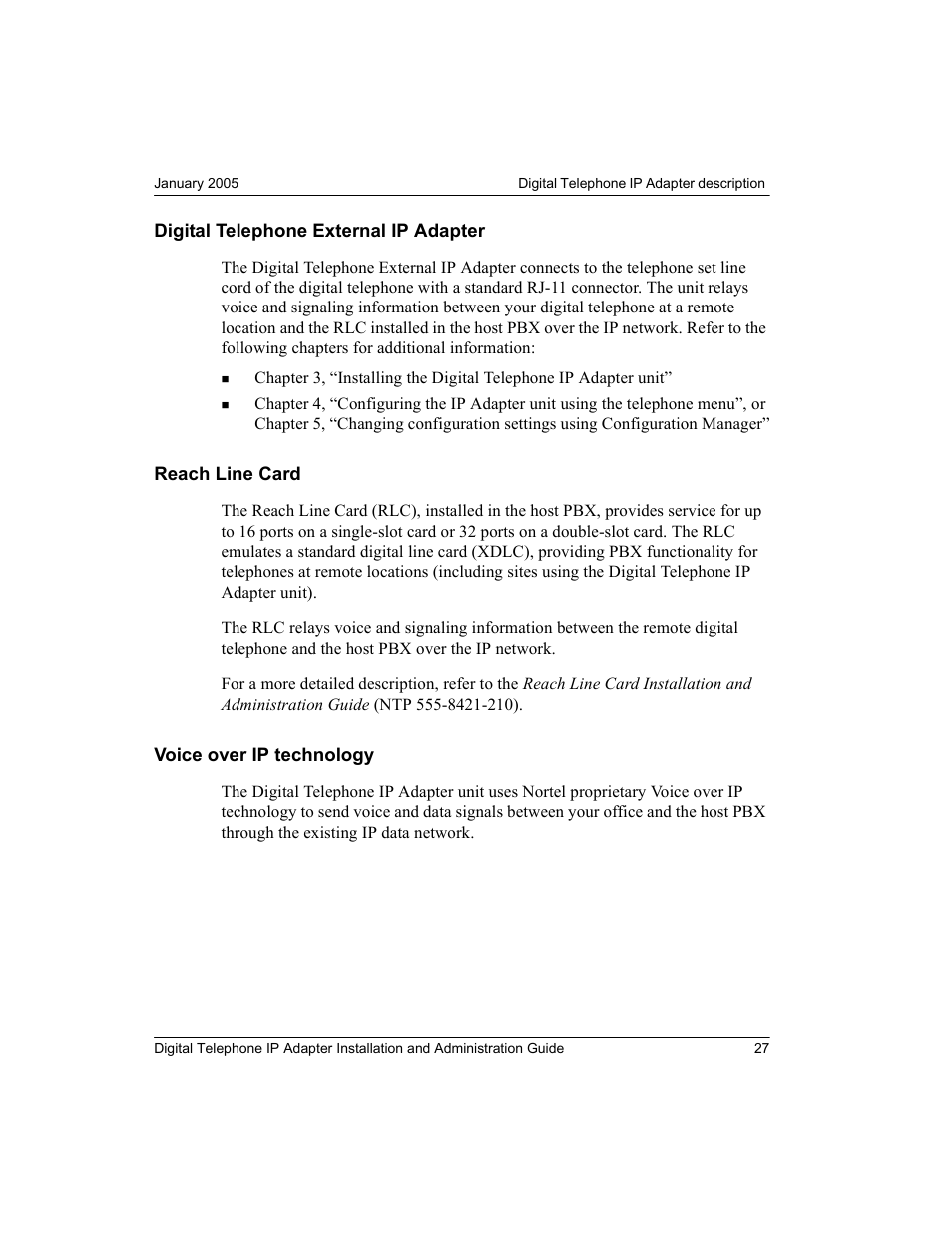 Digital telephone external ip adapter, Reach line card, Voice over ip technology | Nortel Networks M3310 User Manual | Page 27 / 264