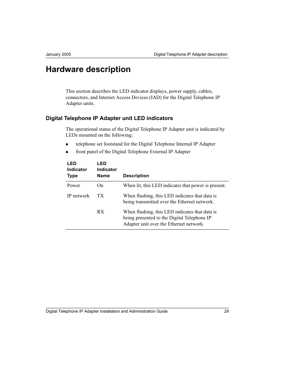 Hardware description, Digital telephone ip adapter unit led indicators | Nortel Networks M3310 User Manual | Page 29 / 264