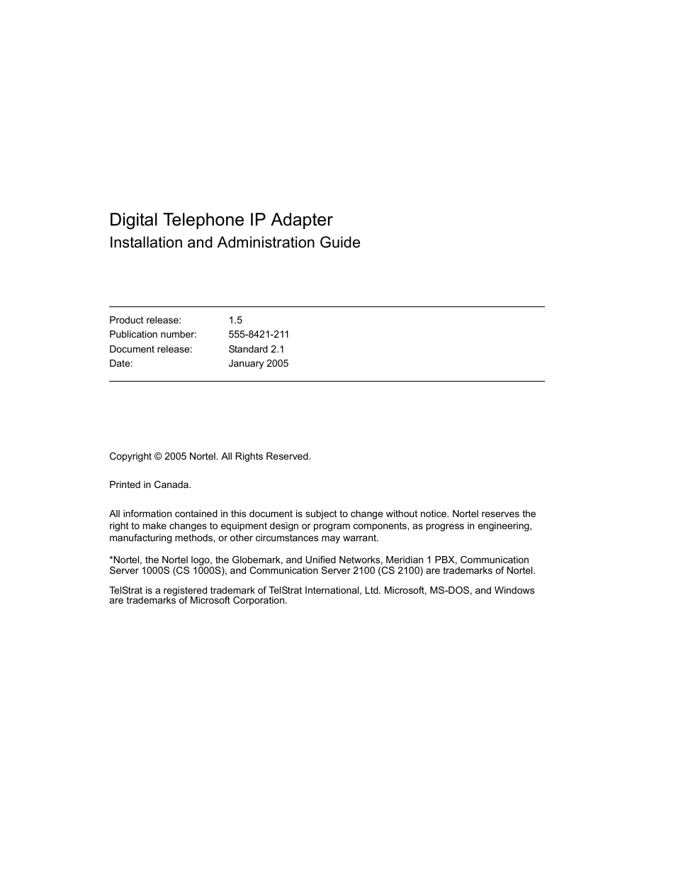 Digital telephone ip adapter, Installation and administration guide | Nortel Networks M3310 User Manual | Page 3 / 264