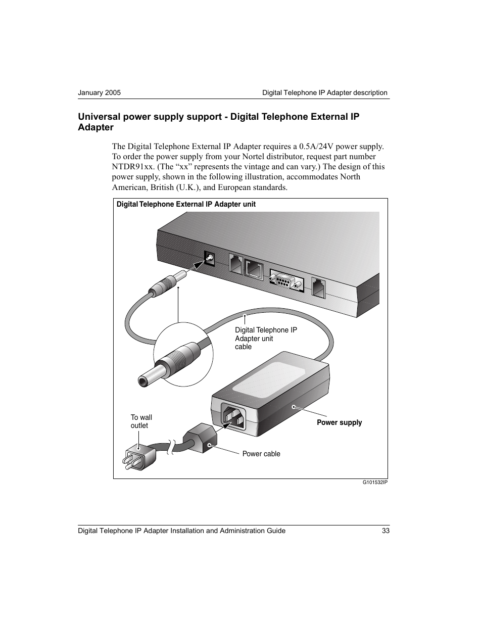 Universal power supply support, Digital telephone external ip adapter | Nortel Networks M3310 User Manual | Page 33 / 264