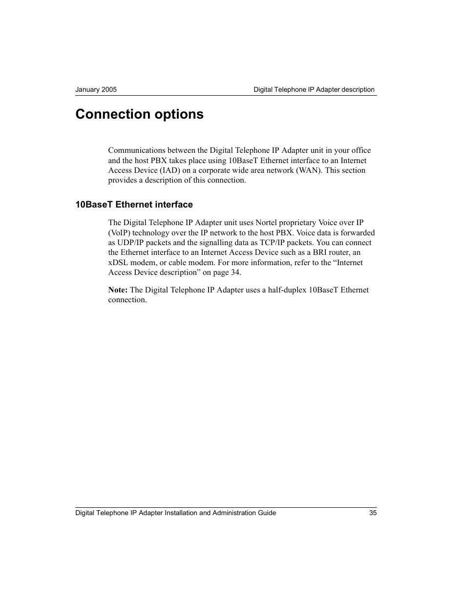 Connection options, 10baset ethernet interface | Nortel Networks M3310 User Manual | Page 35 / 264