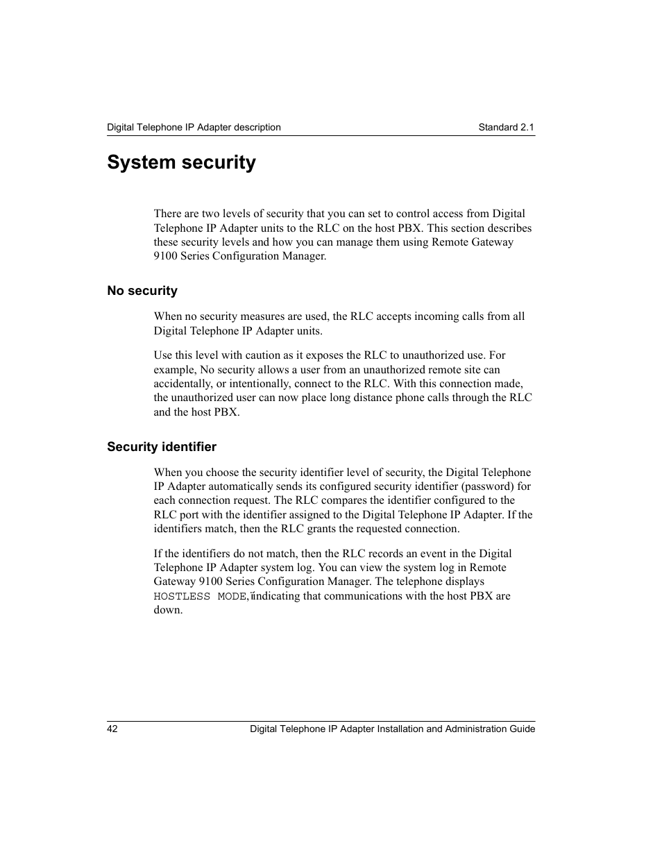 System security, No security, Security identifier | No security security identifier | Nortel Networks M3310 User Manual | Page 42 / 264