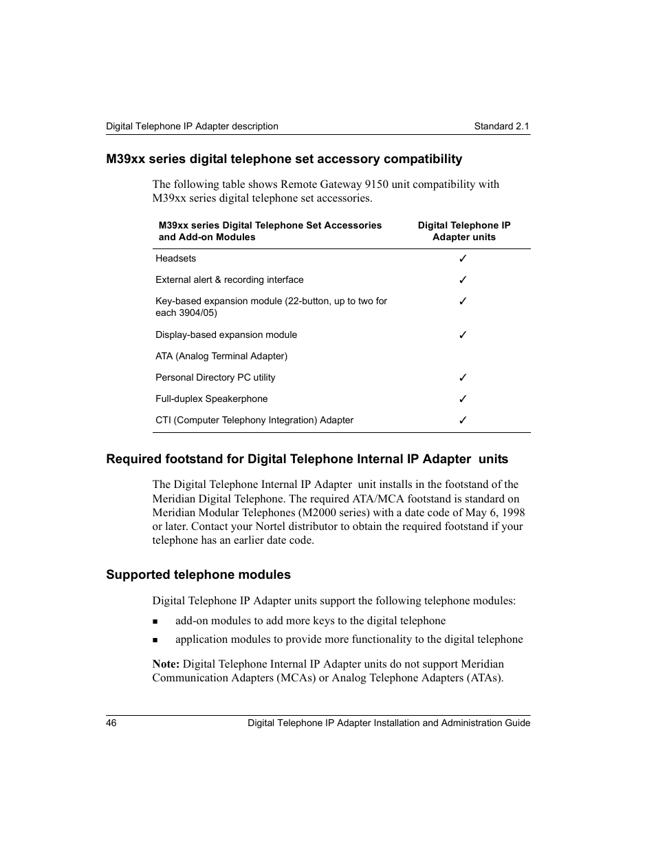 Supported telephone modules, Adapter units | Nortel Networks M3310 User Manual | Page 46 / 264