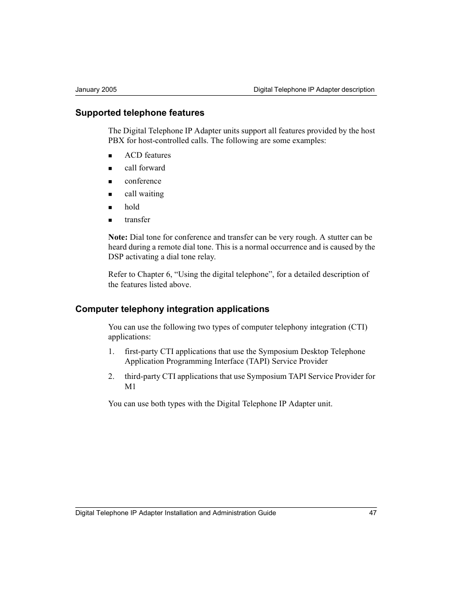 Supported telephone features, Computer telephony integration applications | Nortel Networks M3310 User Manual | Page 47 / 264