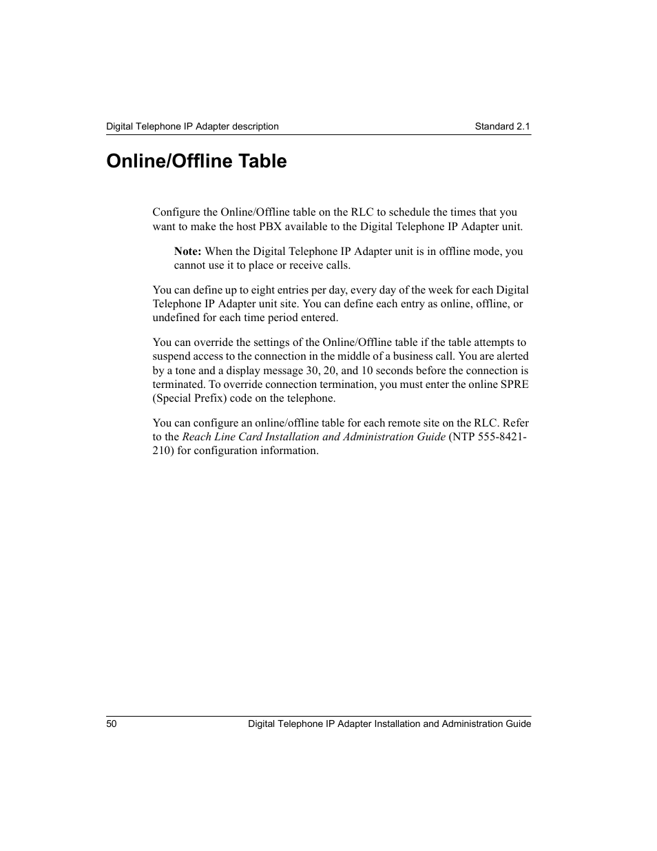 Online/offline table | Nortel Networks M3310 User Manual | Page 50 / 264