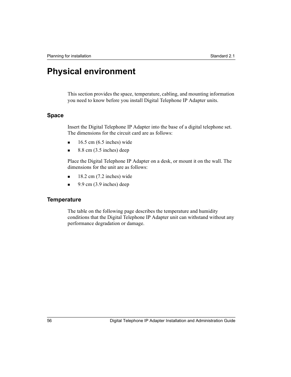 Physical environment, Space, Temperature | Space temperature | Nortel Networks M3310 User Manual | Page 56 / 264