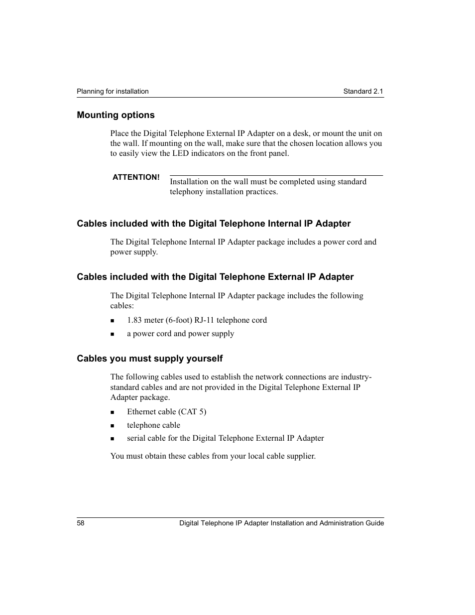 Mounting options, Cables you must supply yourself | Nortel Networks M3310 User Manual | Page 58 / 264