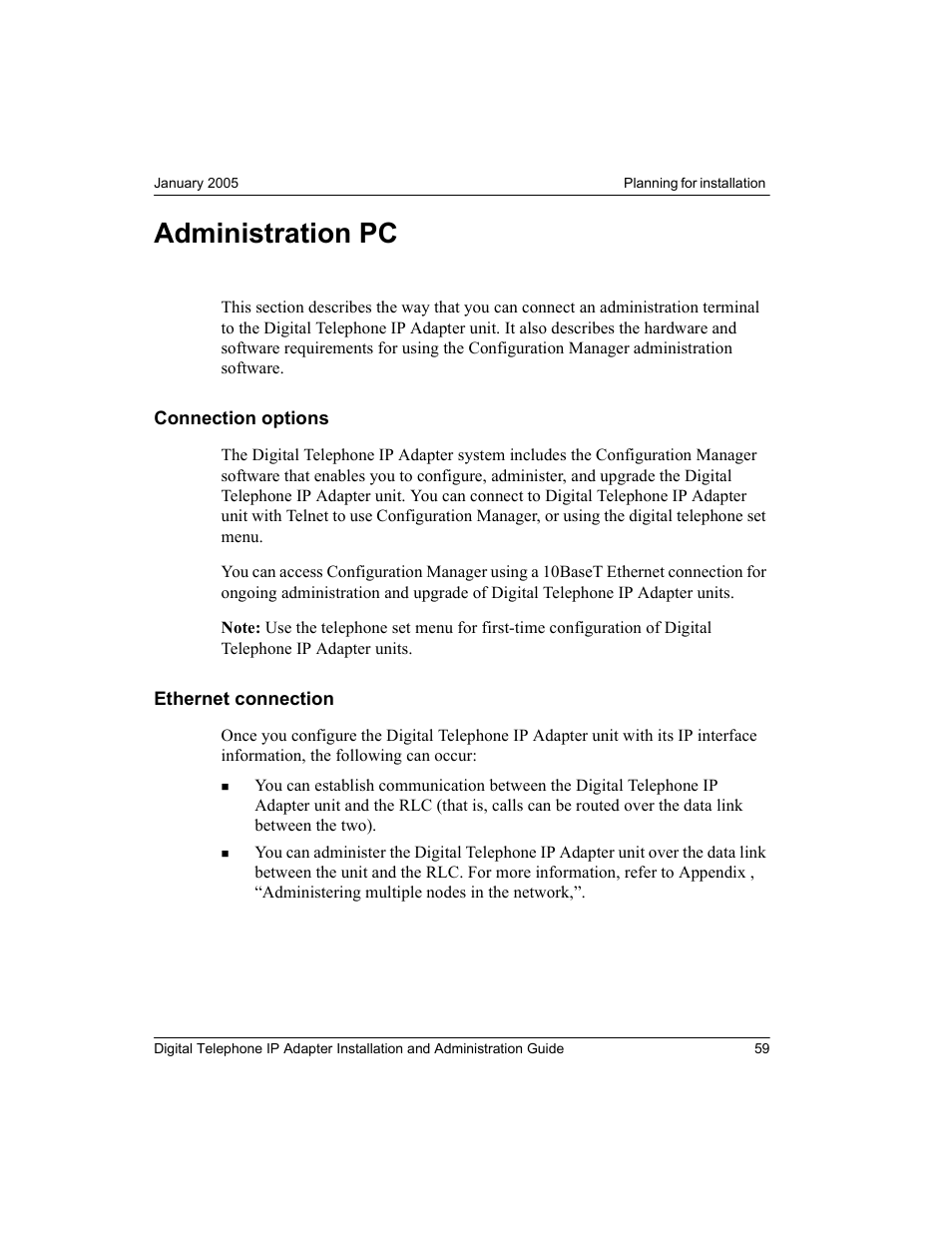 Administration pc, Connection options, Ethernet connection | Connection options ethernet connection | Nortel Networks M3310 User Manual | Page 59 / 264