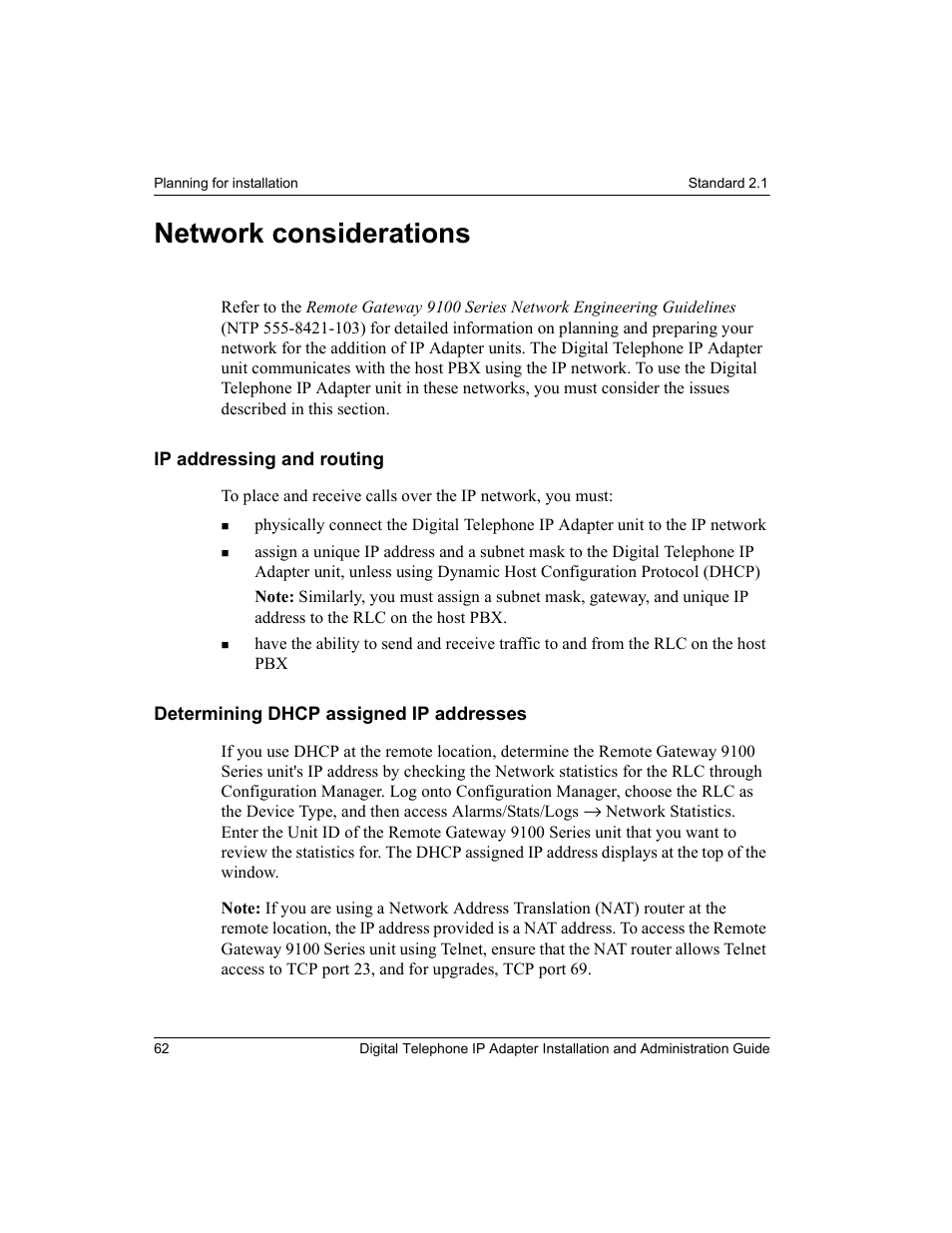 Network considerations, Ip addressing and routing, Determining dhcp assigned ip addresses | Nortel Networks M3310 User Manual | Page 62 / 264