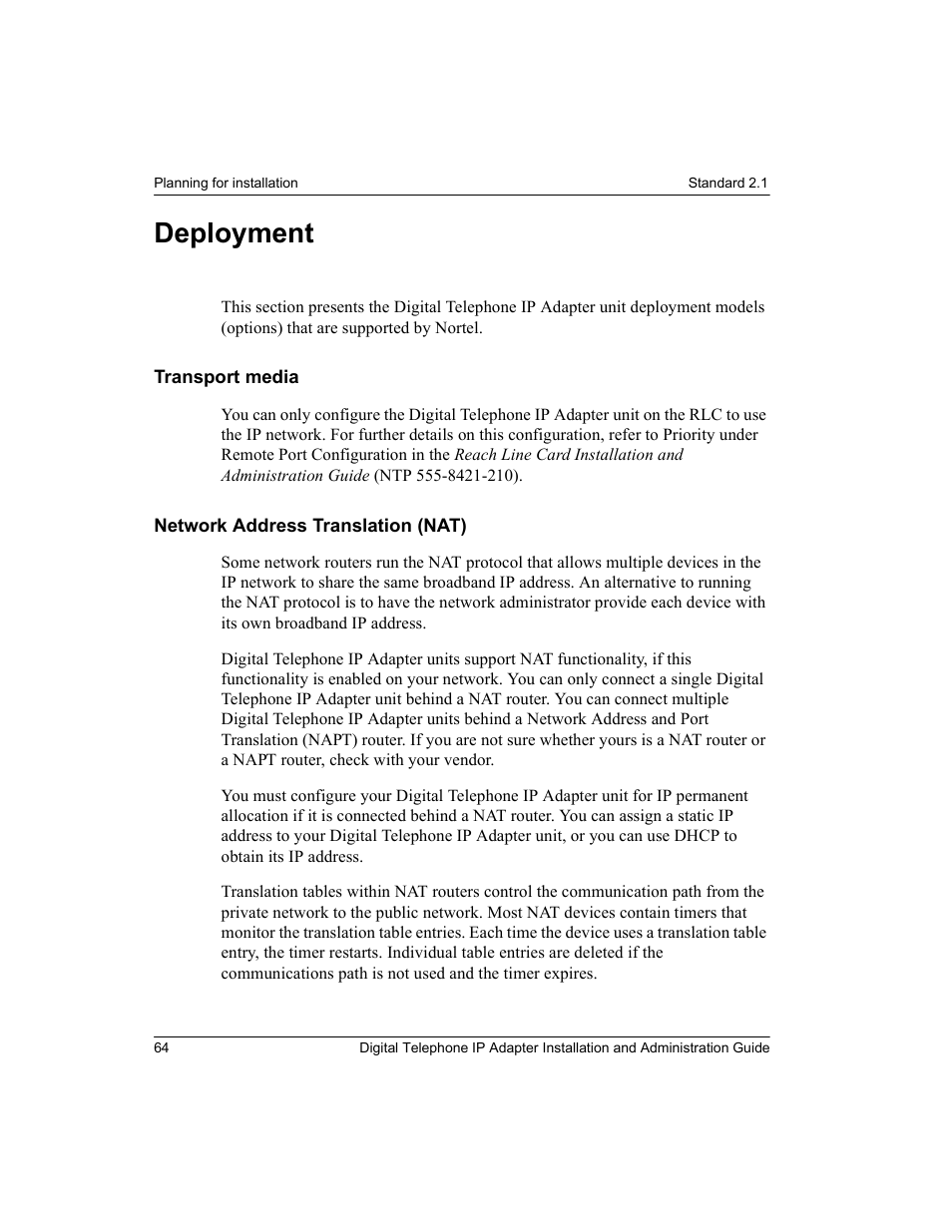 Deployment, Transport media, Network address translation (nat) | Transport media network address translation (nat) | Nortel Networks M3310 User Manual | Page 64 / 264