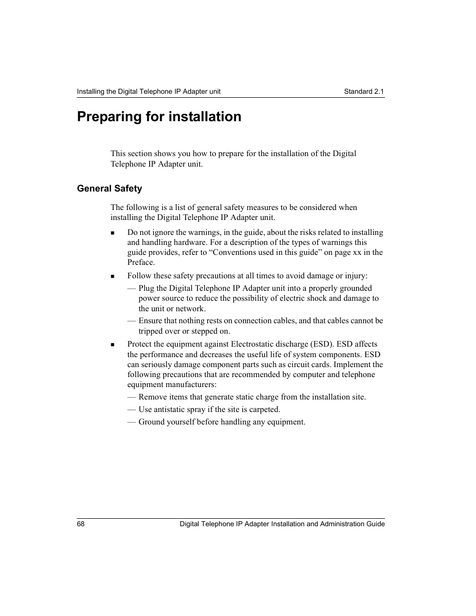 Preparing for installation, General safety | Nortel Networks M3310 User Manual | Page 68 / 264