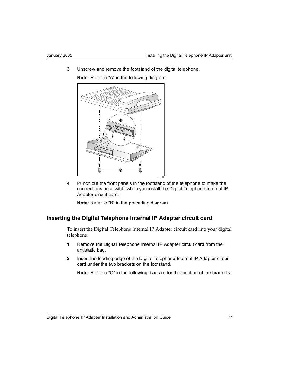 Inserting the digital telephone internal ip, Adapter circuit card | Nortel Networks M3310 User Manual | Page 71 / 264