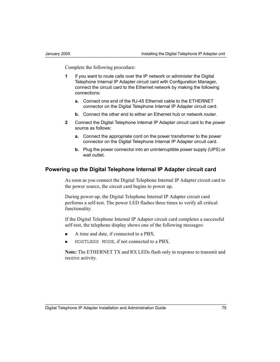 Powering up the digital telephone internal ip, Adapter circuit card | Nortel Networks M3310 User Manual | Page 75 / 264