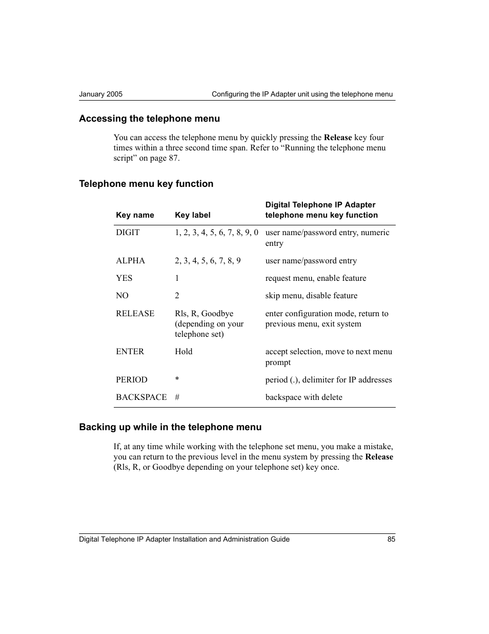 Accessing the telephone menu, Telephone menu key function, Backing up while in the telephone menu | Nortel Networks M3310 User Manual | Page 85 / 264