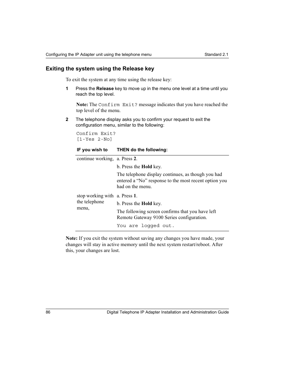 Exiting the system using the release key | Nortel Networks M3310 User Manual | Page 86 / 264