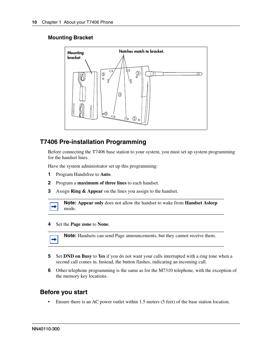 T7406 pre-installation programming, Before you start | Nortel Networks T7406 User Manual | Page 10 / 47