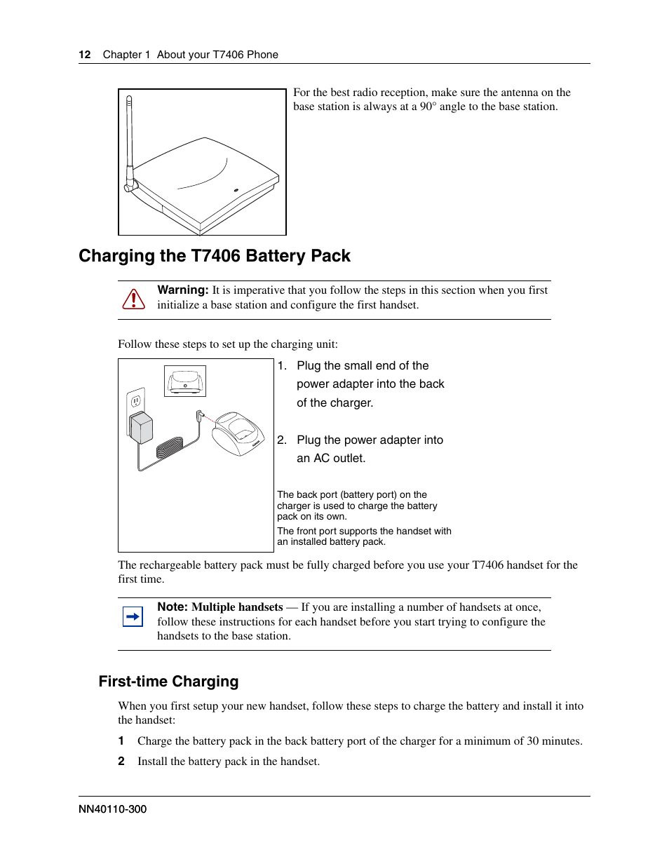 Charging the t7406 battery pack, First-time charging | Nortel Networks T7406 User Manual | Page 12 / 47