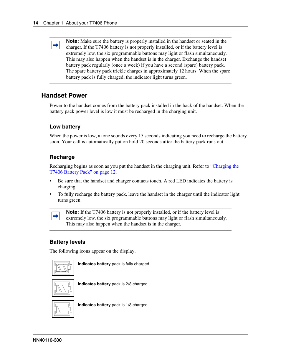 Handset power | Nortel Networks T7406 User Manual | Page 14 / 47