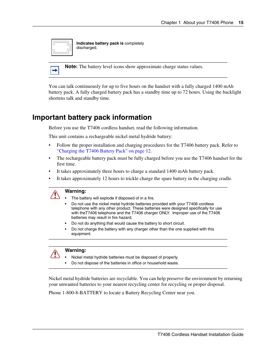 Important battery pack information | Nortel Networks T7406 User Manual | Page 15 / 47