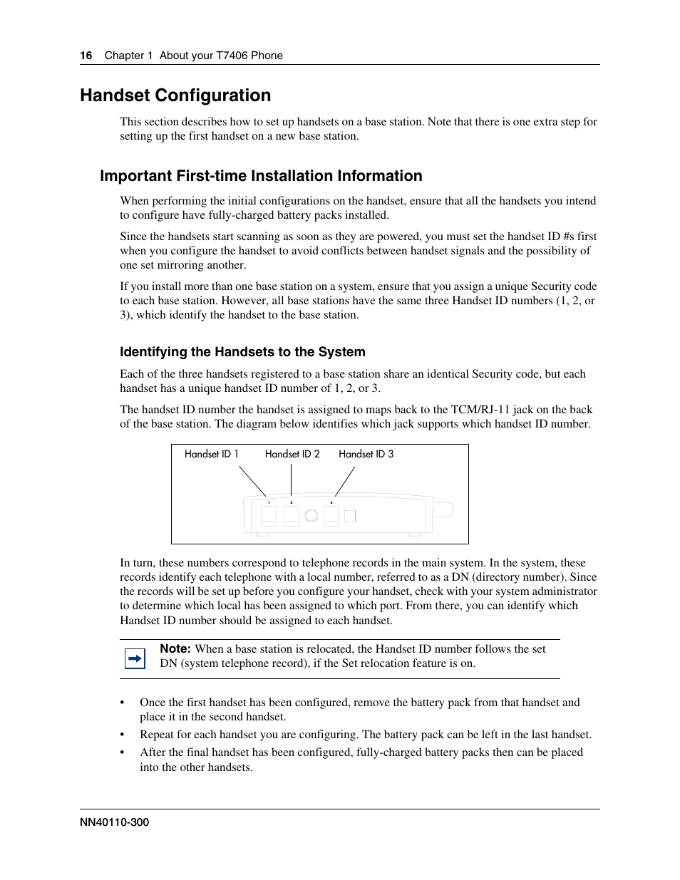 Handset configuration, Important first-time installation information | Nortel Networks T7406 User Manual | Page 16 / 47