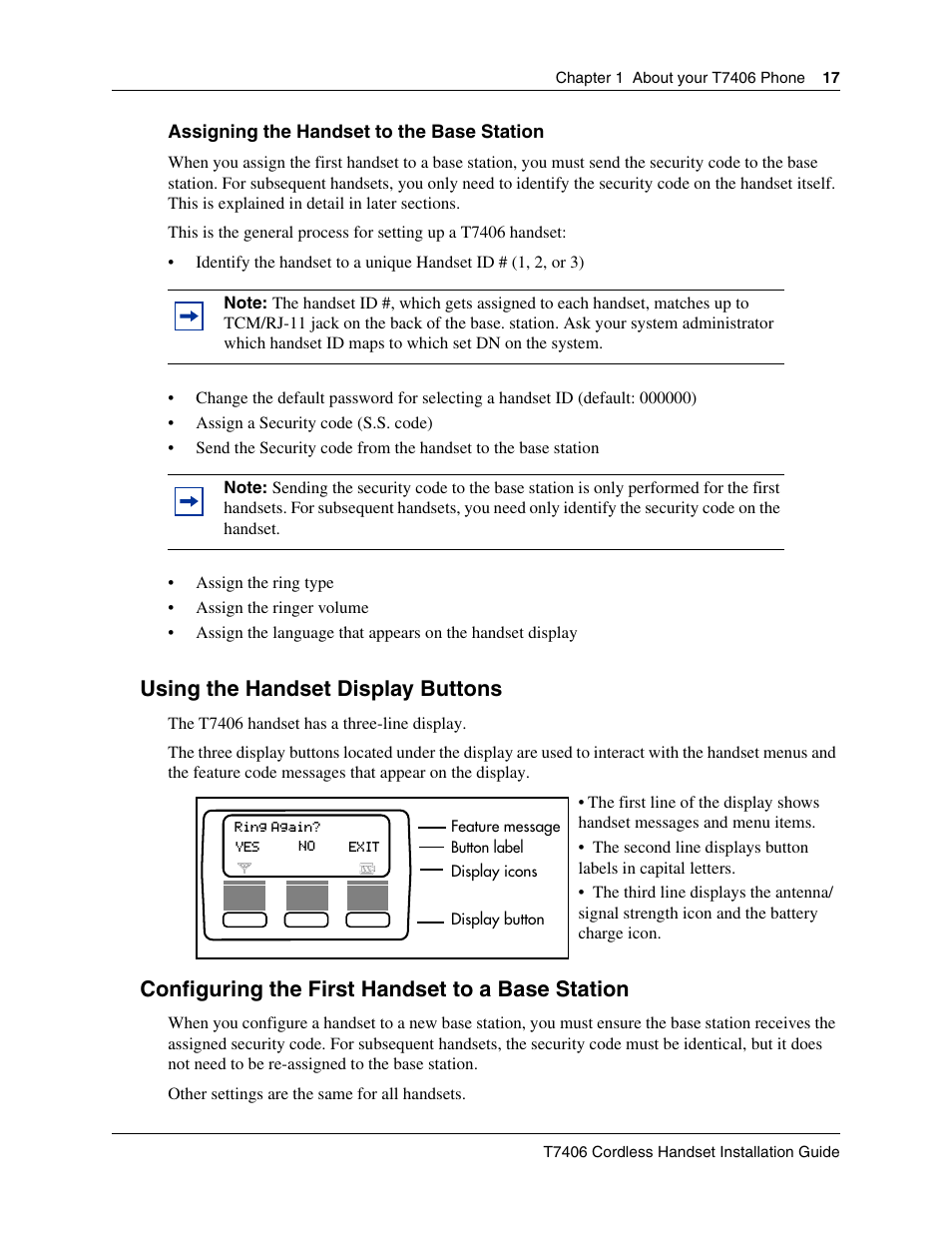 Using the handset display buttons, Configuring the first handset to a base station | Nortel Networks T7406 User Manual | Page 17 / 47