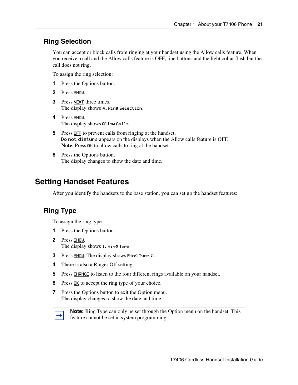 Ring selection, Setting handset features, Ring type | Nortel Networks T7406 User Manual | Page 21 / 47