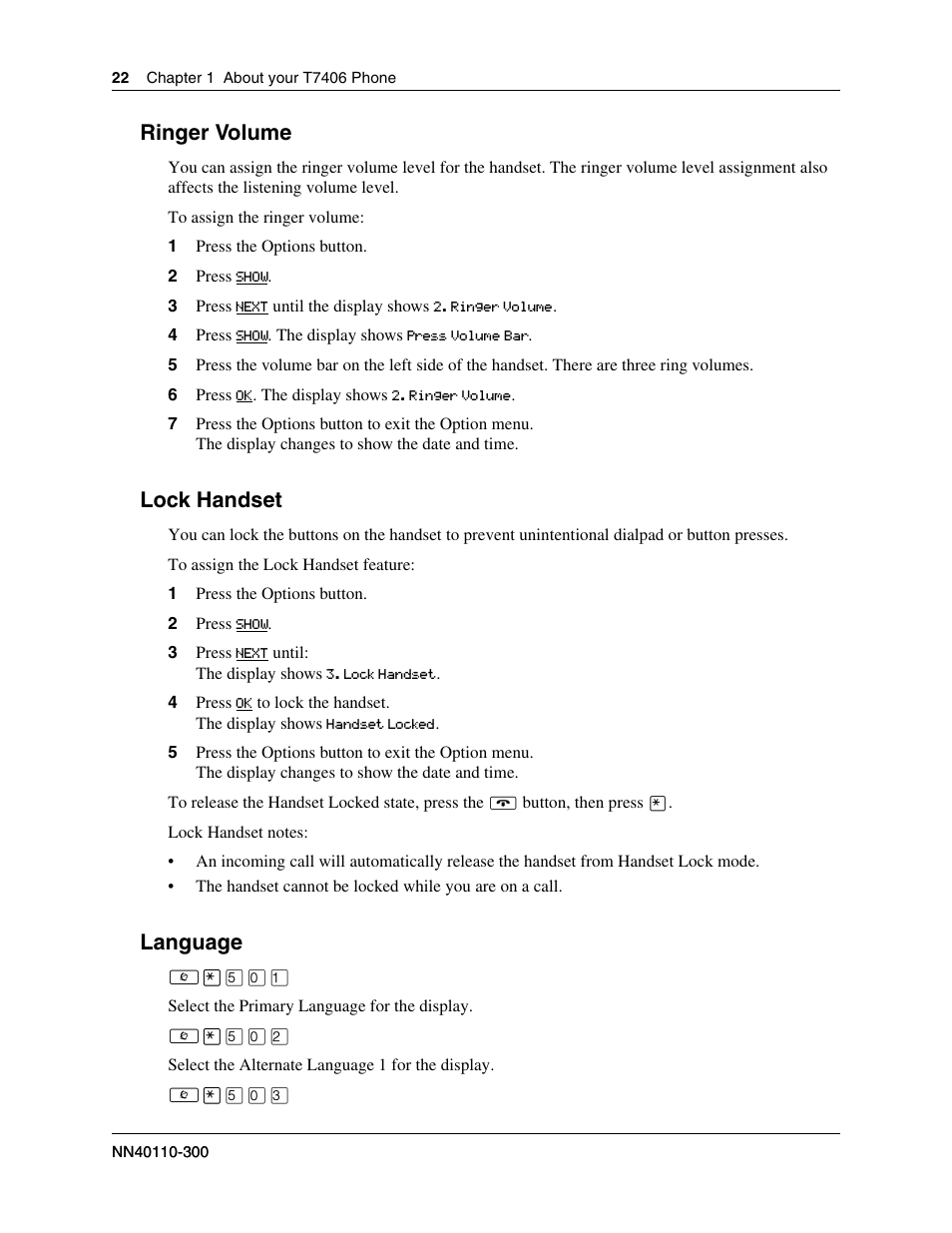 Ringer volume, Lock handset, Language | Nortel Networks T7406 User Manual | Page 22 / 47